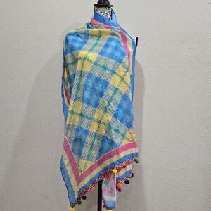 Soft Surroundings Vibrant Plaid Scarf with Pom-Pom Trim